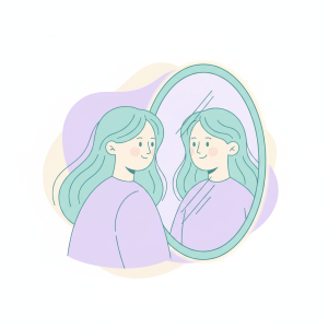 Ilustración de una persona mirándose con amabilidad en un espejo